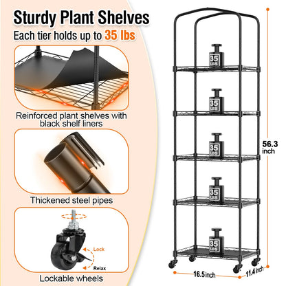 CUVERC Mini Indoor Greenhouse with Grow Light & PVC Cover Portable Small Greenhouse with Shelves Adjustable 5 Tier Metal Plant Stand with Grow Light for Indoor Plants, Seed Starting,16.5"x11.4"x56.3"