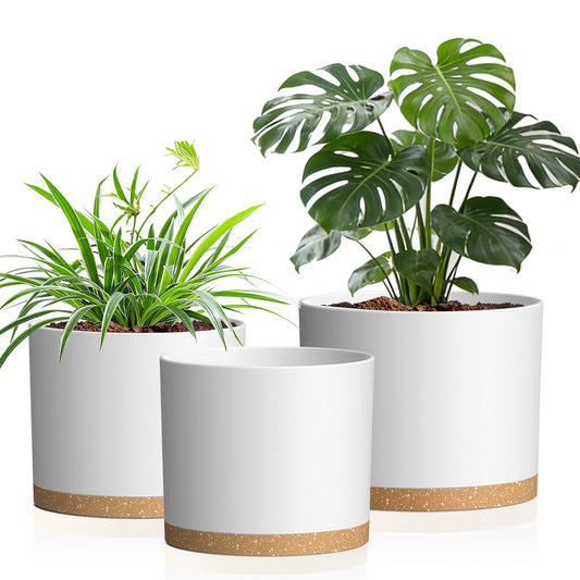 Areutxbis 10/9/8 Inch Large Plant Pots with Drainage Holes and Trays, 3 Pack Modern Minimalist Cylinder Planters for Monstera, Snake Plant, Indoor Outdoor (Matte White & Brown)