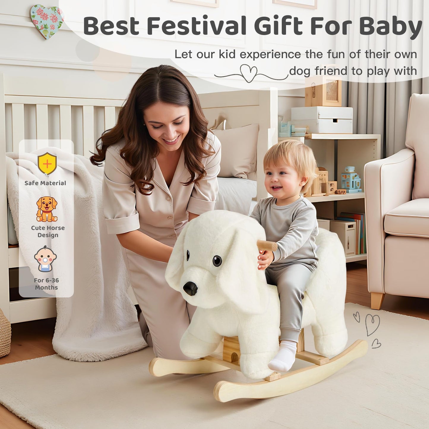 Baby Rocking Horse,Labrador Wooden Rocking Horse for Toddlers 1 Year Old Cute Dog Stuffed Plush Ride-on Toy Rocking Animal for Baby Boys and Girls Nursery/Child Christmas or Birthday Gift