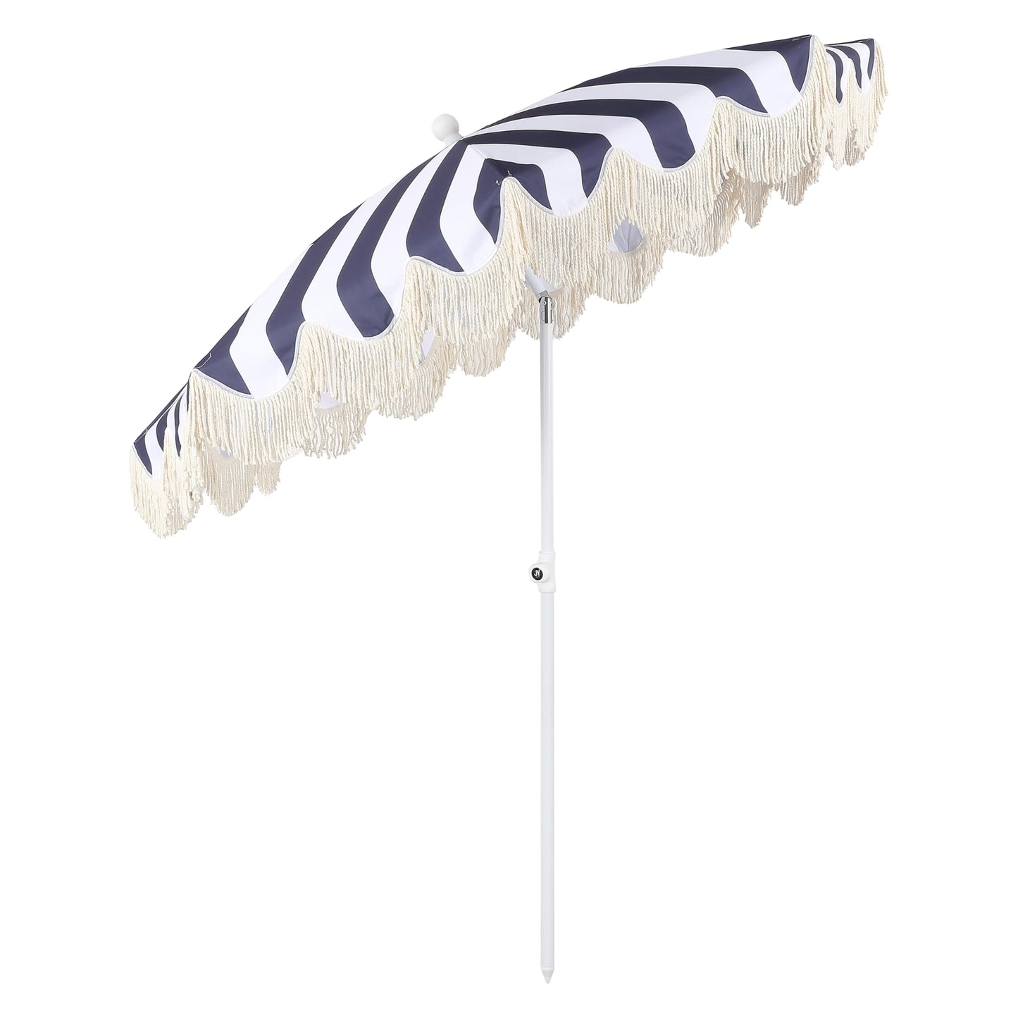 JONATHAN Y UMB1003N Mariner 6.5 ft. Cottage Fringe Tassel Market Beach Umbrella with Push Button Tilt, Wind Vent and UV Protection, and Matching Carry Bag in Navy and White Stripe/Cream, White Pole