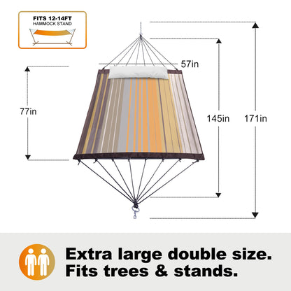 GAFETE 14ft 2 Person Hammock for Outside, Quick Dry Textilene, Portable Hammocks Without Stand with Folding Steel Spreader Bar, Carrying Bag, Tree Straps, Pillow & Sidebag, 550 lbs Capacity (Coffee)