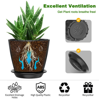 GDJUQZ 6 Pack 7 Inch Indoor Plant Pots with Drainage Holes, Outdoor Plastic Decorative Flower Pots, Garden Planters with Tray Saucers for Orchids, Violets, Succulents, Herbs, and Other Plants