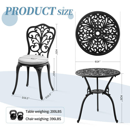 Withniture Patio Bistro Set 3 Piece with Cushions, All Weather Bistro Table and Chairs Set of 2 with Umbrella Hole, Outdoor Bistro Set, Cast Aluminum Patio Furniture Set for Garden Porch, Black