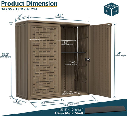 HOMSPARK Indoor/Outdoor Storage Cabinet with Doors and Shelf, 34”x16”x36” HDPE Plastic Storage Box for Patio, Balcony, Multi-Purpose for Tools, Brown