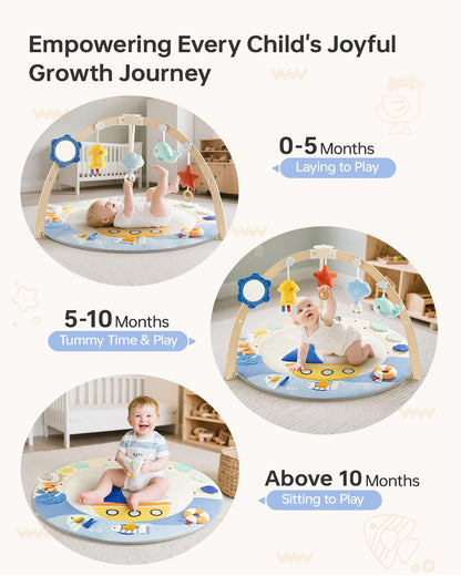 BG-BABYGO Baby Play Gym Activity Mat, 5 Developmental Zones Wooden Tummy Time Mat with 7 Detachable Sensory Toys for Motor Skills & Sensory Development, Baby Essentials Shower Gift, Easy to Install