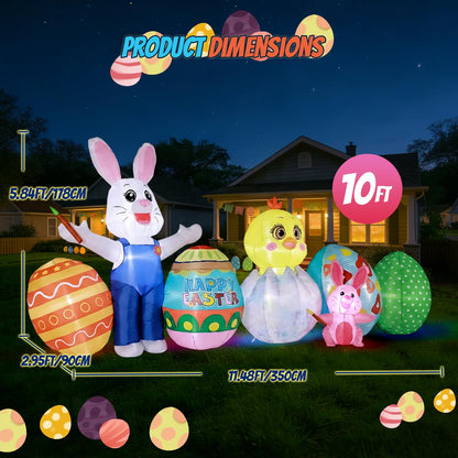 KISSUNY Easter Inflatable Outdoor Decoration, 11.5 FT Wide White Bunny with Chick and Easter Eggs, Built-in LED Lights, Blow Up Yard Decor for Lawn and Garden