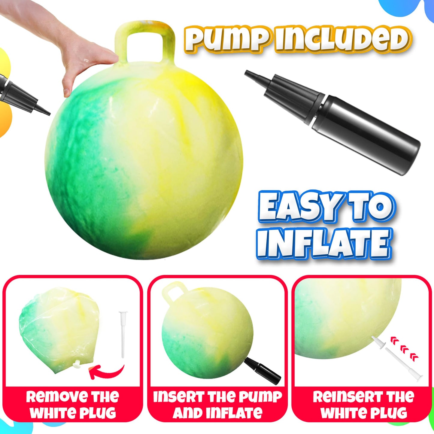 Bedwina Hopper Ball with Handle for Kids 18-inch (45cm) Bouncy Balls for Kids, Jumping Kangaroo Hippity Hop, Hopping Sit and Spin with Handle with Hand Pump, Marble Green & Yellow