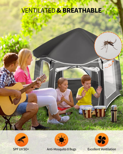 Pop-Up Portable Baby Playpen with UV Canopy, Waterproof Outdoor & Indoor Play Tent, Breathable Mesh Sides, Quick Setup Folding Baby Play Yard with Carry Bag & Stakes 59"