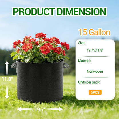 EOKOICA 5-Pack 15 Gallon Grow Bags, Thickened Aeration Fabric Pots with Handles, Heavy Duty Plant Bags for Vegetables, Tomatoes, Potatoes, Fruits & Flowers, Reusable Garden Pots for Plants