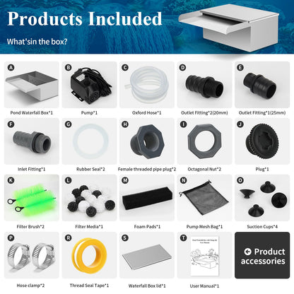 Pond Waterfall Spillway Kit with Filter Media & 800 GPH Pump, 304 Stainless Steel Waterfall Box, 9.8FT Hose, Complete Pond Kit for Outdoor Ponds, Koi Ponds, Fountain (11.8"L x 12"W x 5.1"H)