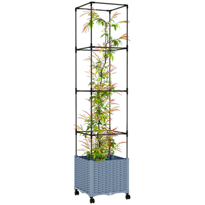 Outsunny Raised Garden Bed with Trellis, 71.7" Tomato Cage with Lockable Wheels, Self Watering Outdoor Planter Box with Drainage Holes and Plugs for Climbing Plants, Vines, Vegetables, Flowers, Gray