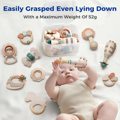Evoceler Softness Staged Baby Teething Toys with Rattles for 0-6 Months (30° Super Soft, 50° Soft, 70° Regular) -10 Pcs Shaker Toys, Food-Grade Silicone Teethers for Babies 0-18+ Months, BPA Free