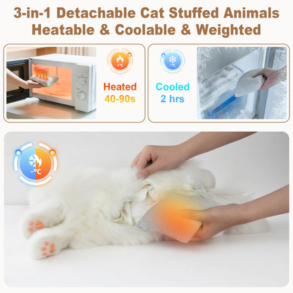 Chongker Microwavable & Weighted Stuffed Animals, 2 lbs Heated Stuffed Animal Cat Plushie with Removable Unscented Heating Pad for Belly Neck Shoulders, Plush Toys for Adults Children (White+Black)