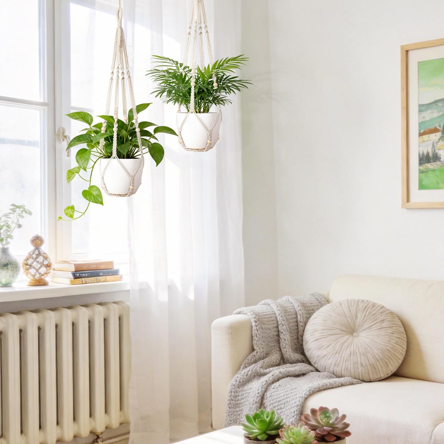 Dahey Macrame Plant Hanger Set of 2 Indoor Outdoor Hanging Planter with Wood Beads Decorative and 2 Hooks Flower Pot Plant Holder No Tassels for Boho Home Decor, 35 Inch, Ivory(Pots Not Included)