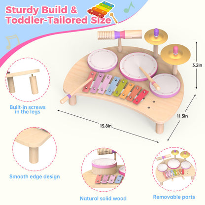Toddlers Drum Set Toys for 1 2 3 Year Old Girls,Montessori Music Toy for Toddlers 1-3,Baby Drum with Xylophone,Musical Instruments Toy, Kids Birthday Gifts for Baby 18+ Months (Pink)