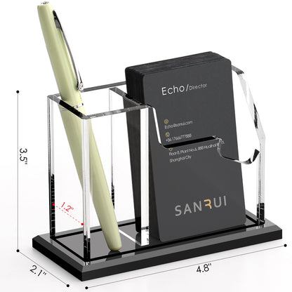 SANRUI Vertical Business Card Holder with Pen Holder for Desk, Clear Acrylic Desk Organizer and Accessories, Professional School Office Supplies Collection Caddy，Multi-function Storage Box
