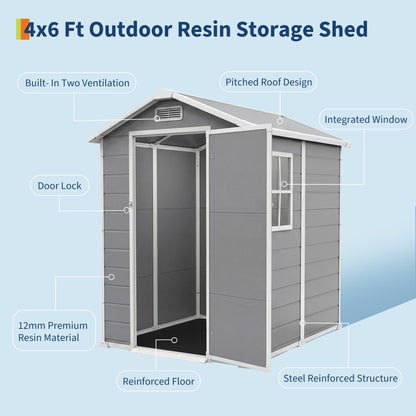 4x6 ft Outdoor Storage Shed with Floor, Plastic Resin Garden Shed with Window & Lockable Door, Tool Shed for Patio, Backyard, Lawn Mower, Bike Storage