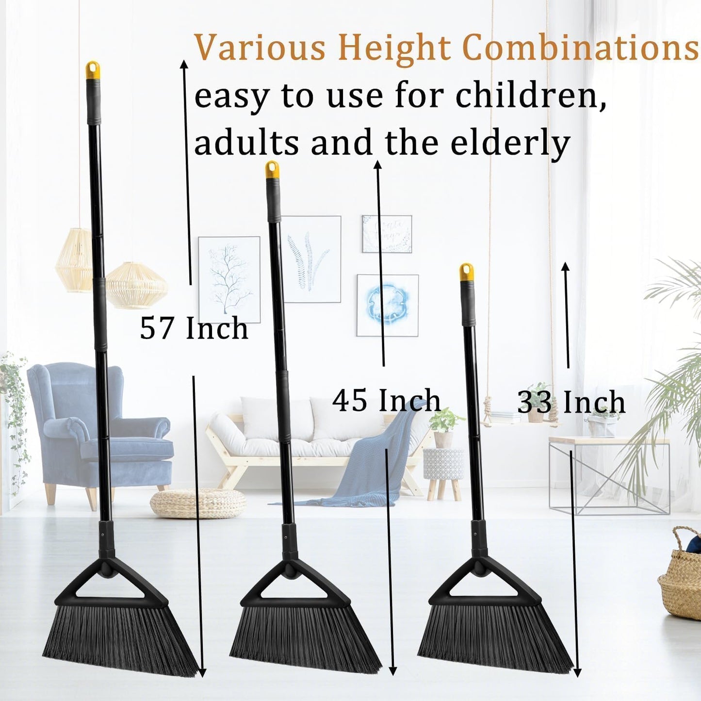 SZJYHQY 2PCS Heavy Duty Broom, Broom for Sweeeping Indoor and Outdoor, Angle Broom with Long Pole, Outdoor Broom for Courtyard/Garages/Slidewalk, Indoor Broom for Kitchen Lobby Canteen Black
