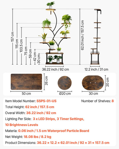 VEVOR Plant Stand Indoor with Grow Lights, 62 in Tall 8-Tier Lighted Plant Shelf, Metal Corner Plants Holder, 3 Timer & 10 Brightness, Tree-Shaped Flower Display Rack for Living Room Balcony Decor