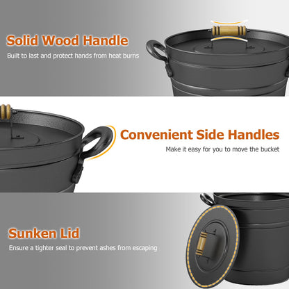 COSTWAY Ash Bucket with Lid Set of 2, 2.9 Gallon Metal Coal Ash Can w/Wooden Lid, Side Grips, Indoor & Outdoor Fireplace Ash Tool Cleaning Bucket for Fireplace Fire Pits Wood Burning Stoves, Black