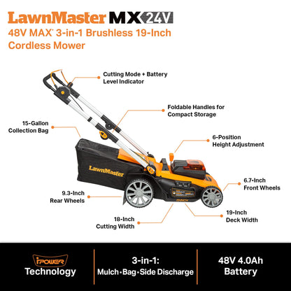 LawnMaster 48V MAX Electric Lawn Mower, 19-inch Brushless Cordless Lawn Mower with 2X24V MAX 4.0Ah Battery and a Dual Charger-CLMF4819A