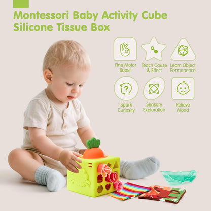 hahaland Montessori Baby Toys Bundle for 6–18 Months – Silicone Activity Tissue Box Cube & Plush Garden Stacking Toy, Fine Motor, Sensory & Early Learning Gifts for Boys & Girls
