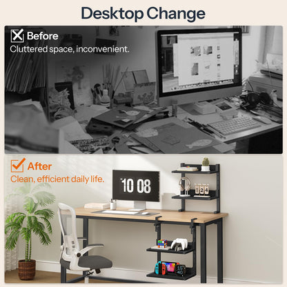 HOOBRO Clamp On Desk Shelf, 2-Tier Desktop Organizer, Space-Saving Desk Shelf with Adjustable Shelves, for Office, Study, Entertainment Accessories, Black BK32SJ01