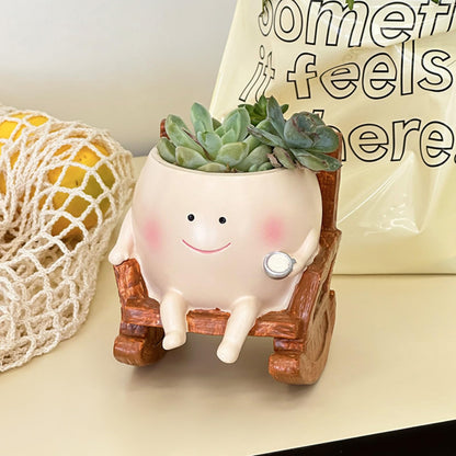 NMOHYDEU Smiley Face Planter Pot, Cute Rocking Chair Flower Pot, Small Resin Head Planters for Indoor Plants, Succulent Planter for Home Decor, Plant Lovers Gift for Birthday Christmas