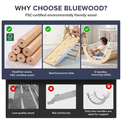 BlueWood Pikler Triangle Set with Cushion, 8-in-1 Foldable Wooden Toddler Climbing Toys Indoor Playground Jungle Gym Montessori Philosophy Climber for 2-6 Years Old, Baby, Kids (Natural Wood)