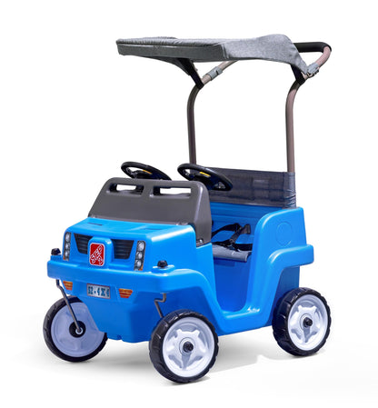 Step2 Side-by-Side Push Around SUV, 2-Seater Kids Push Car with Seat Belts, Dual Steering Wheels & Horns, Adjustable Canopy, Ages 18 months–5 years, Max 100 lbs., Durable Plastic, Blue