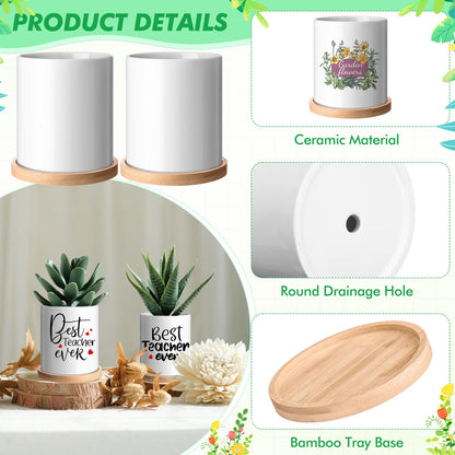 Teenyyou 6 Pcs Sublimation Flower Pot Blanks Mini 3.2 in Garden Ceramic Succulent Planter Pot with Bamboo Tray with Drainage Hole Thank You Gifts for Employee Appreciation Plant Lover