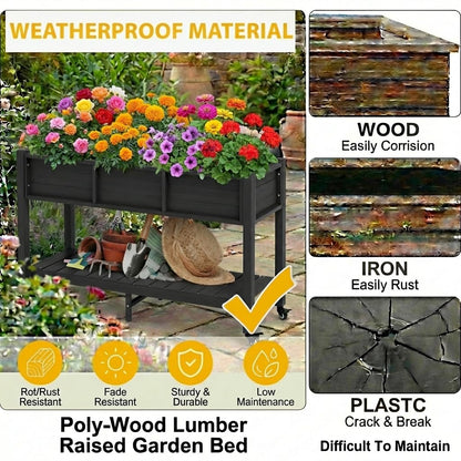 DWVO 47x18x31in Raised Garden Bed Outdoor HDPE with Legs and Lockable Wheels, Weather-Resistant Poly-Wood Elevated Planter Box, Double Tier Planters for Backyard Patio Balcony, Black