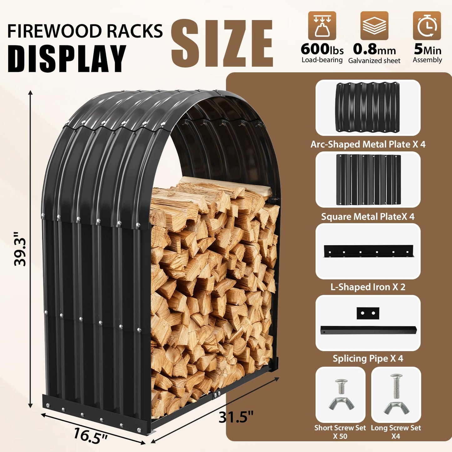 TBMLC Heavy-Duty Black Firewood Storage Shed – Metal Log Holder with 32" Round Roof – Outdoor Wood Rack for Patio, Deck & Fireplace – Weatherproof Lumber Stand for Firewood (2.7FT Diameter Roof)