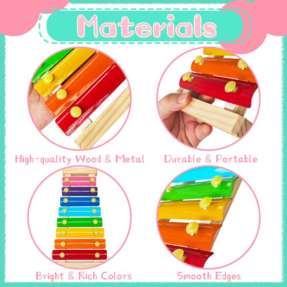 2 Pcs Wooden Xylophone for Kids,Xylophone Educational Musical Toy with 2 Child Mallets 8 Diatonic Keys,Xylophone Wooden Instruments Toys for Toddlers