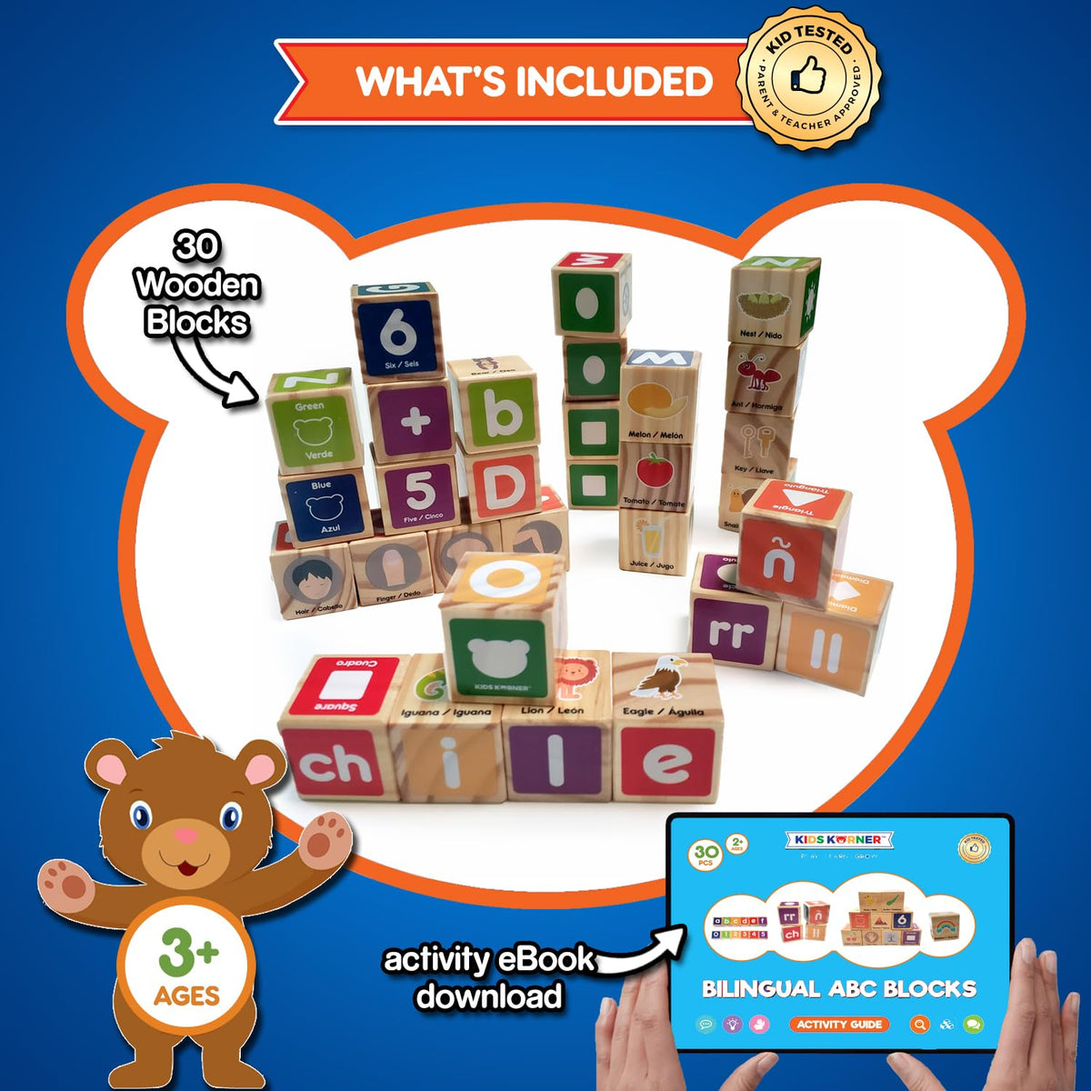 KIDS KORNER Alphabet Blocks Toys for Toddlers - Bilingual Educational Toys, Spanish Learning Toys, Stacking Toys with 30 Wooden Blocks and Toddler Learning Activities eBook
