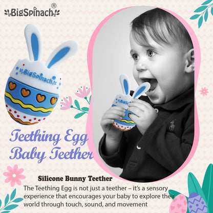 BIGSPINACH Easter Egg Baby Teether,Baby Teething Toy for Pain Relief,Silicone Bunny Rabbit Teether,Easter Gift for Babies,Sensory Toy for Boys & Girl (Blue)
