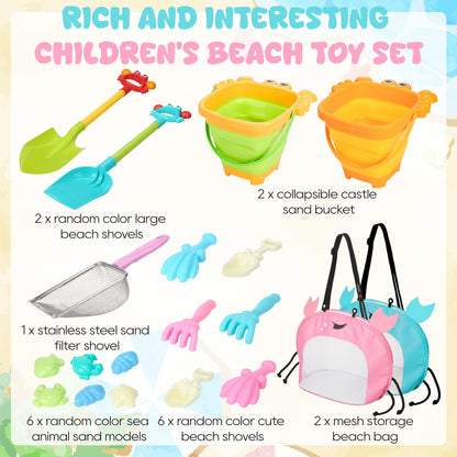 Guiqulai Summer Beach Toys Set for Kids Collapsible Sand Bucket Shovels Crab Molds Mesh Bag Outdoor Sandbox Water Play Toys for Boys Girls Travel Essential