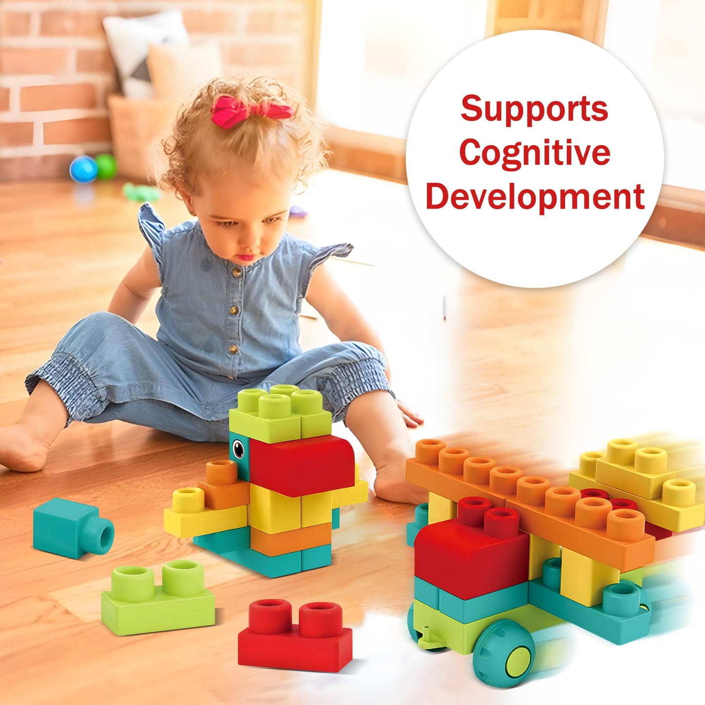 Soft Building Blocks & Baby Bath Toys Bundle - STEM Montessori Stacking: Rubber Blocks 42PCS with Storage (12-18M) + Floating Duck & No-Hole Wheat Straw Sensory Balls (9 Pack) for 6-12M & Toddlers 1–3