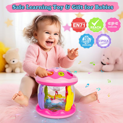 M SANMERSEN Baby Girl Toys 6-12 Months - Babies Ocean Rotating Projector Light Up Musical Toys for 12-18 Months Crawling Learning Tummy Time 1 2 Years Old Infant Boys Girls Pink
