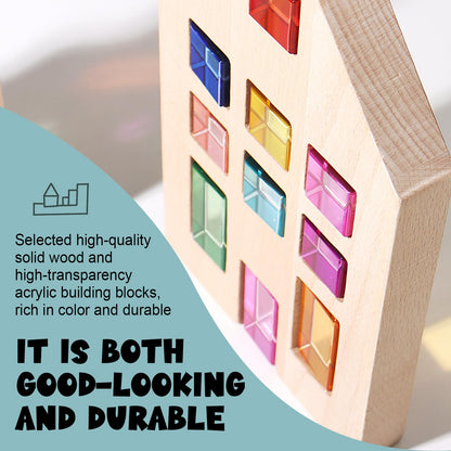 Dinhon 25 Pcs Acrylic Building Blocks with 3 Beech Wood Houses - 17 Cubes + 8 Long Blocks Rainbow Gem Set, Insert & Stack Sensory Toy for 1-5 Years Old Boys Girls, Creative Play Birthday Gift