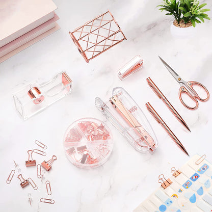 Famassi Rose Gold Desk Accessories，Office Supplies Set Acrylic Stapler Set Staple Remover, Tape Holder, 2 Ballpoint Pen, Scissor, Binder/Paper Clips and 1000pcs Staples.