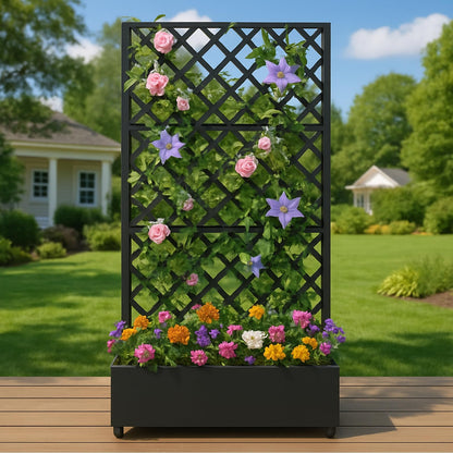 GarveeLife Metal Planter Box, with Diamond Lattice Trellis Planter Box, for Climbing Plants and Vines, Galvanized Raised Garden Bed on Wheels, Garden Bed with Trellis(72"x35" Black)