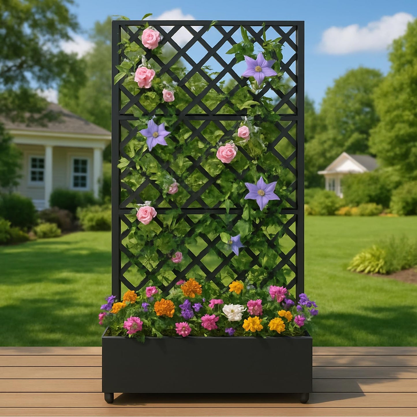 Takywep 72"x35" Black Raised Garden Bed with Diamond Lattice Trellis, Mobile Galvanized Metal Planter Box on Wheels for Climbing Plants, Vines & Flowers