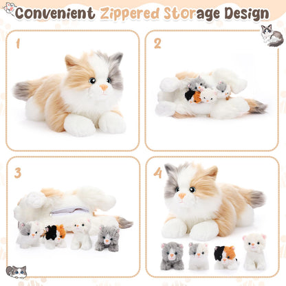 HyDren 5 Pcs Realistic Ragdoll Cat Stuffed Animal, 17.75 Inches Large Ragdoll Cat Mommy Plush with 4 Cute Babies Soft Plush Kittens Set for Girls Boys Birthday Party Favors (Grey,White,Brown)