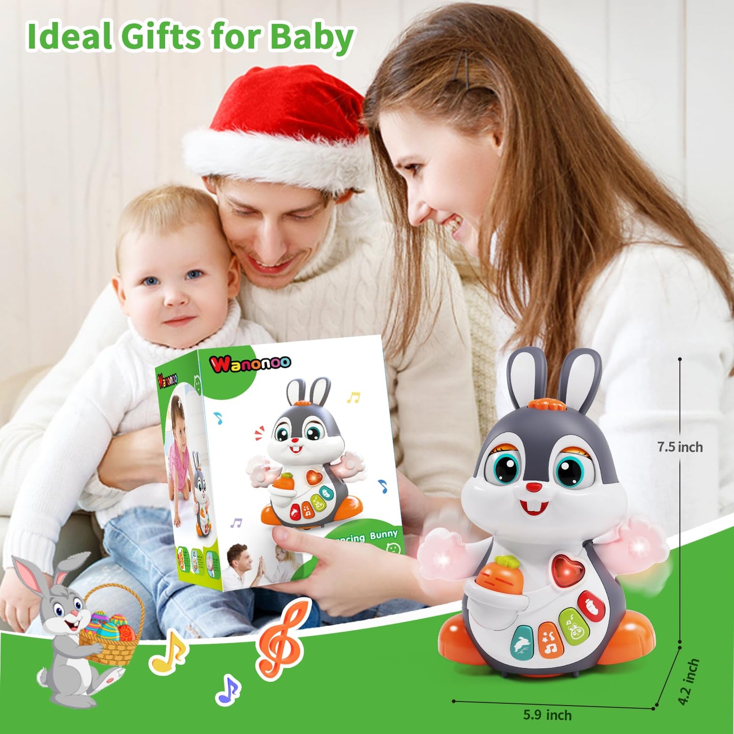 Wanonoo Baby Musical Bunny Toy Dancing Crawling Tummy Time Toys, Light Up Infant Toys 0-3-6 6-12 12-18 Months Birthday Gifts for 1 Year Old Boy Girl Learning Baby Basket Stuffers