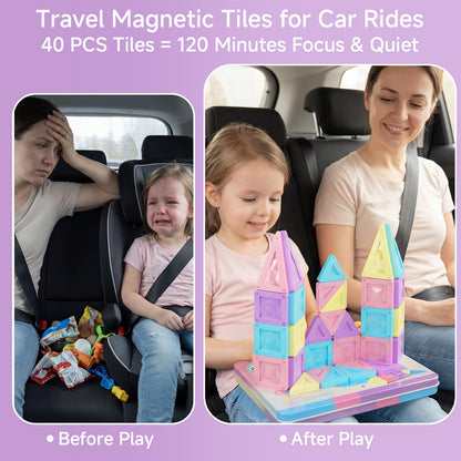 STEM MATCH Mini Magnetic Tiles Girls Travel Set: 40 PCS Macaron Building Block with Tin Box - 90 Mins Quiet Play 45s Cleanup - Fly Trip Road Trip Toys for Kids Age 3 4 5 6