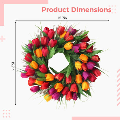 Vestamore Red, Yellow, Orange, Vibrant Petals with Faux Spring Wreath, 15.8 in/ 40 Cm for Front Door, Rattan Base Natural, Decoration Spring Multi-Purpose Home and Outdoor