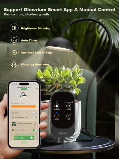 GLOWRIUM Smart Grow Lights for Indoor Plants,10W Full Spectrum Plant Lights with Bluetooth App Control, 360° Flexible Gooseneck Grow Lamp, Auto Timer 3/9/12Hrs, 10 Brightness for Small Plants, Black
