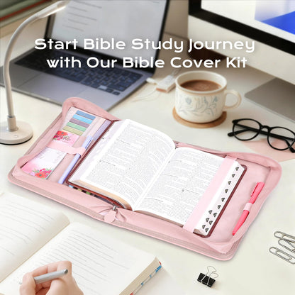 XKDOUS 24 Pcs Bible Covers Kit, Bible Carrying Case Large Church Bag w/Bible Study Supplies, Tabs, Pens, Bookmarks, Leather Book Holder Case Christian Gift for Women Lady