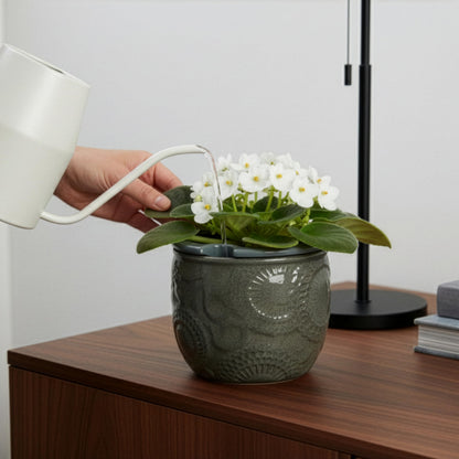 HERDUK 6.5” Ceramic Self Watering African Violet Planter with Embossed Floral Design – Durable Indoor Plant Pot for Orchids, Succulents, and Houseplants